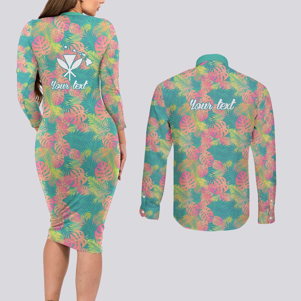 Seamless Hawaiian Quilt Pattern Couples Matching Long Sleeve Bodycon Dress and Long Sleeve Button Shirt Hawaii Culture Palm Leaf Tropical - Polynesian Pride