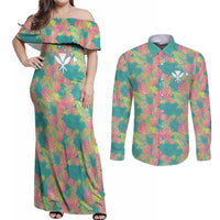 Seamless Hawaiian Quilt Pattern Couples Matching Off Shoulder Maxi Dress and Long Sleeve Button Shirt Hawaii Culture Palm Leaf Tropical - Polynesian Pride