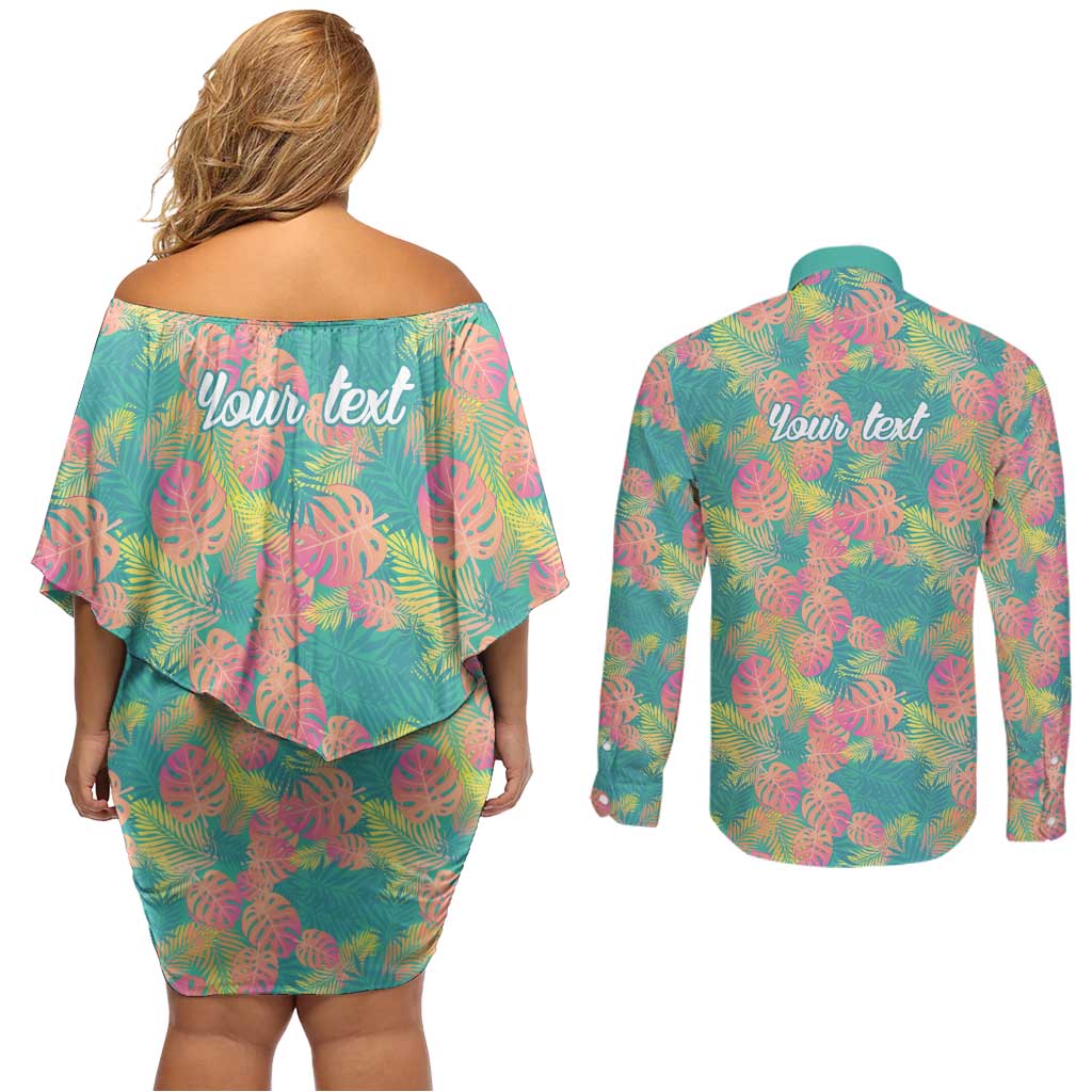 Seamless Hawaiian Quilt Pattern Couples Matching Off Shoulder Short Dress and Long Sleeve Button Shirt Hawaii Culture Palm Leaf Tropical - Polynesian Pride