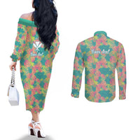 Seamless Hawaiian Quilt Pattern Couples Matching Off The Shoulder Long Sleeve Dress and Long Sleeve Button Shirt Hawaii Culture Palm Leaf Tropical - Polynesian Pride