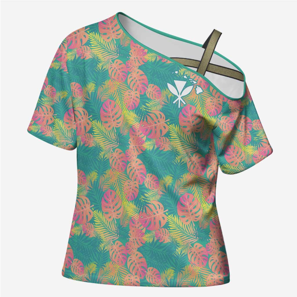 Seamless Hawaiian Quilt Pattern Cross Shoulder Shirt Hawaii Culture Palm Leaf Tropical - Polynesian Pride