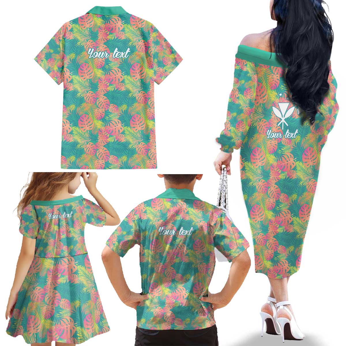 Seamless Hawaiian Quilt Pattern Family Matching Off The Shoulder Long Sleeve Dress and Hawaiian Shirt Hawaii Culture Palm Leaf Tropical - Polynesian Pride