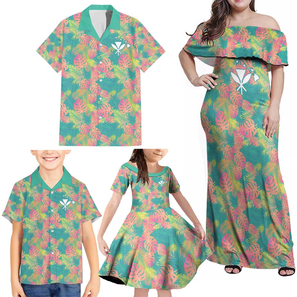 Seamless Hawaiian Quilt Pattern Family Matching Off Shoulder Maxi Dress and Hawaiian Shirt Hawaii Culture Palm Leaf Tropical - Polynesian Pride
