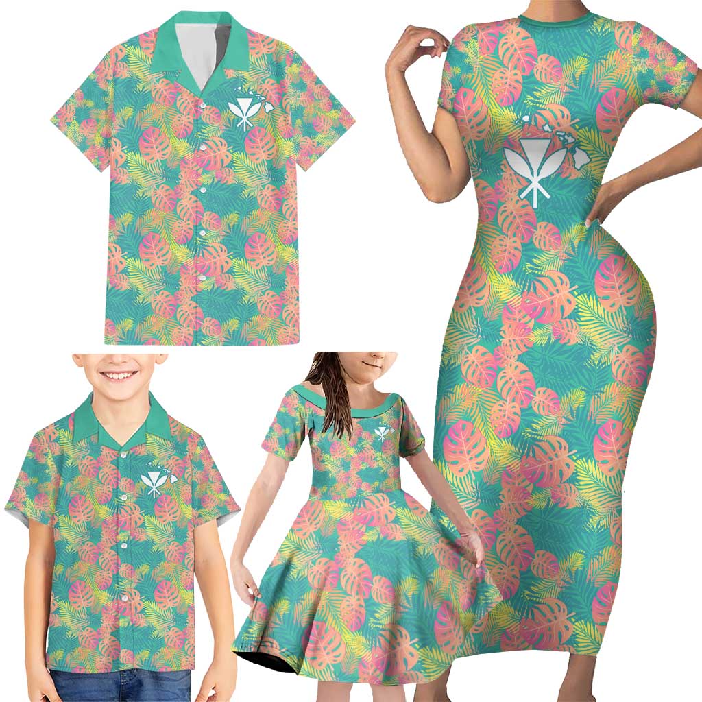 Seamless Hawaiian Quilt Pattern Family Matching Short Sleeve Bodycon Dress and Hawaiian Shirt Hawaii Culture Palm Leaf Tropical - Polynesian Pride