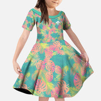 Seamless Hawaiian Quilt Pattern Kid Short Sleeve Dress Hawaii Culture Palm Leaf Tropical - Polynesian Pride