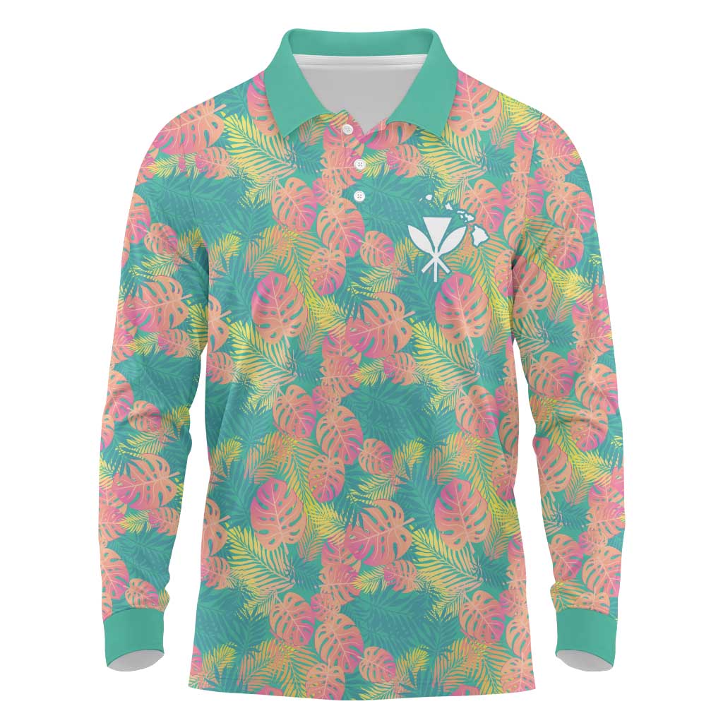 Seamless Hawaiian Quilt Pattern Long Sleeve Polo Shirt Hawaii Culture Palm Leaf Tropical - Polynesian Pride