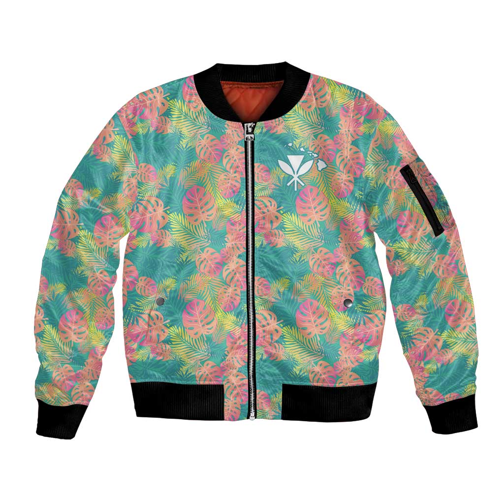 Seamless Hawaiian Quilt Pattern Sleeve Zip Bomber Jacket Hawaii Culture Palm Leaf Tropical - Polynesian Pride