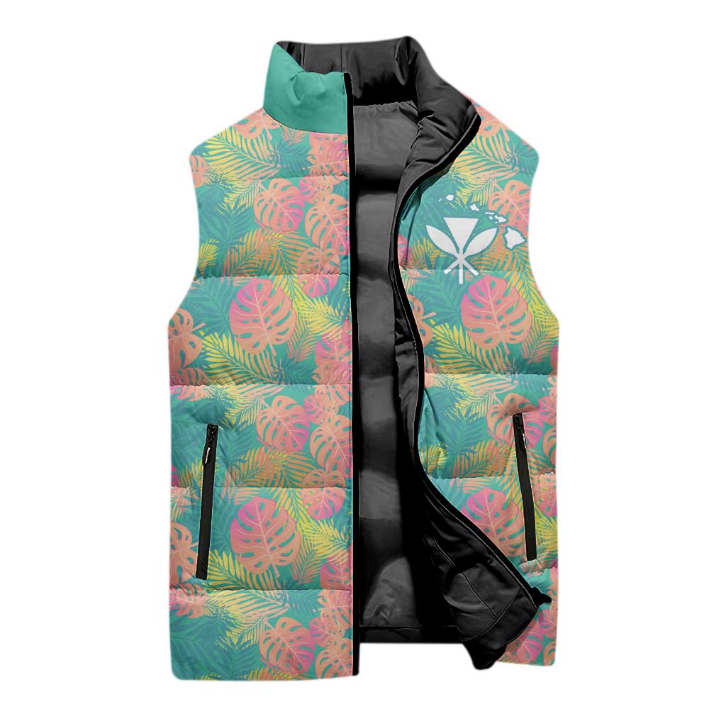 Seamless Hawaiian Quilt Pattern Sleeveless Puffer Jacket Hawaii Culture Palm Leaf Tropical - Polynesian Pride
