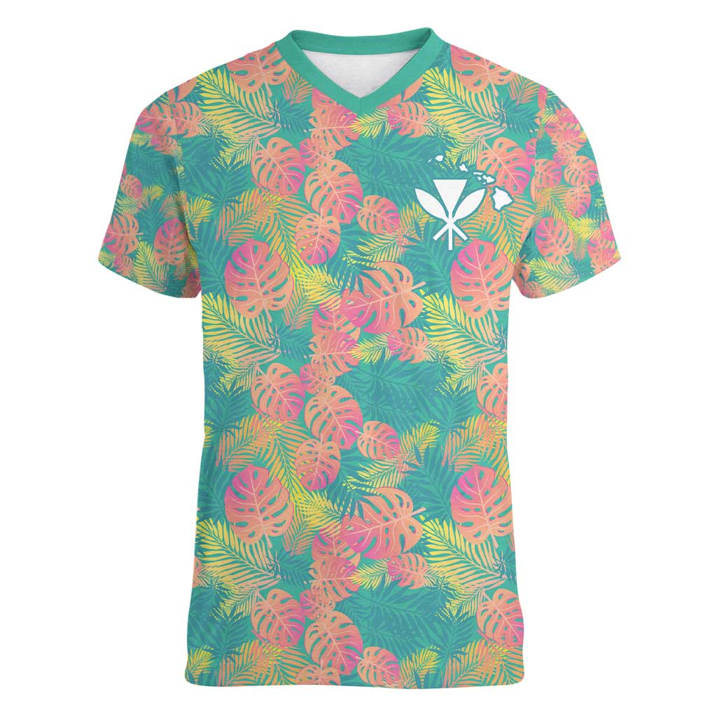Seamless Hawaiian Quilt Pattern Women V-Neck T-Shirt Hawaii Culture Palm Leaf Tropical - Polynesian Pride