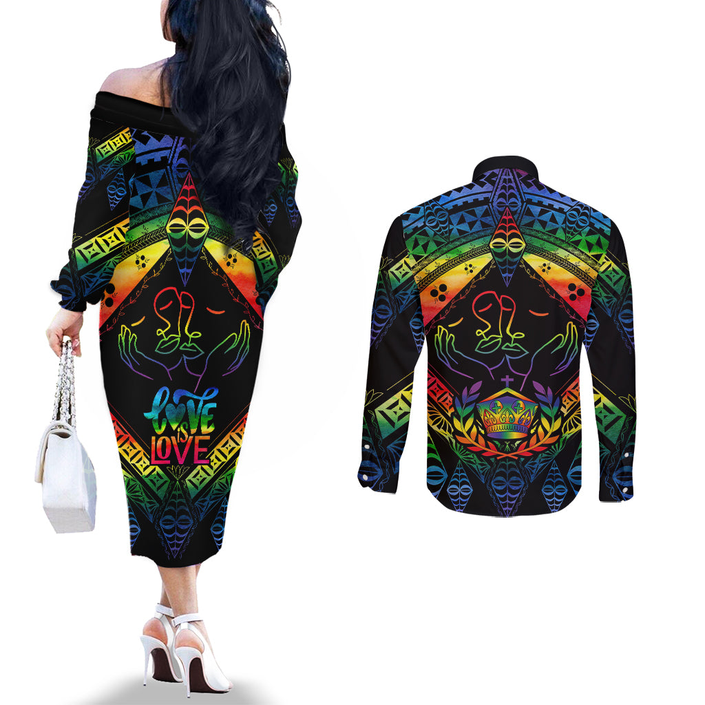 tonga-lgbt-couples-matching-off-the-shoulder-long-sleeve-dress-and-long-sleeve-button-shirts-love-is-love-ngatu-rainbow-water-color