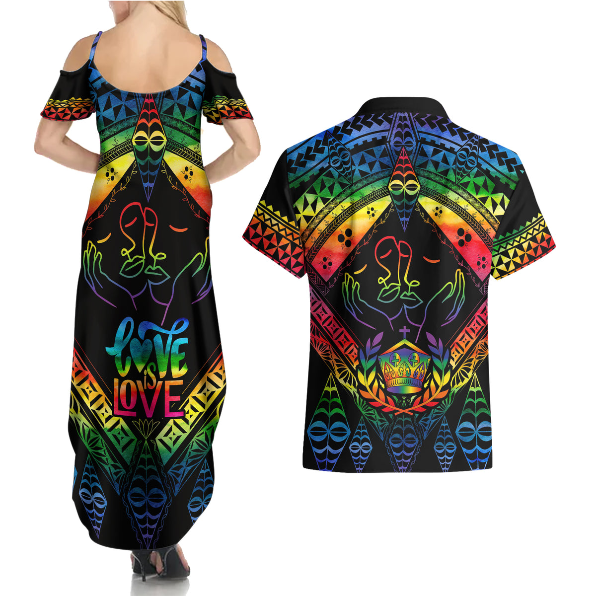 tonga-lgbt-couples-matching-summer-maxi-dress-and-hawaiian-shirt-love-is-love-ngatu-rainbow-water-color