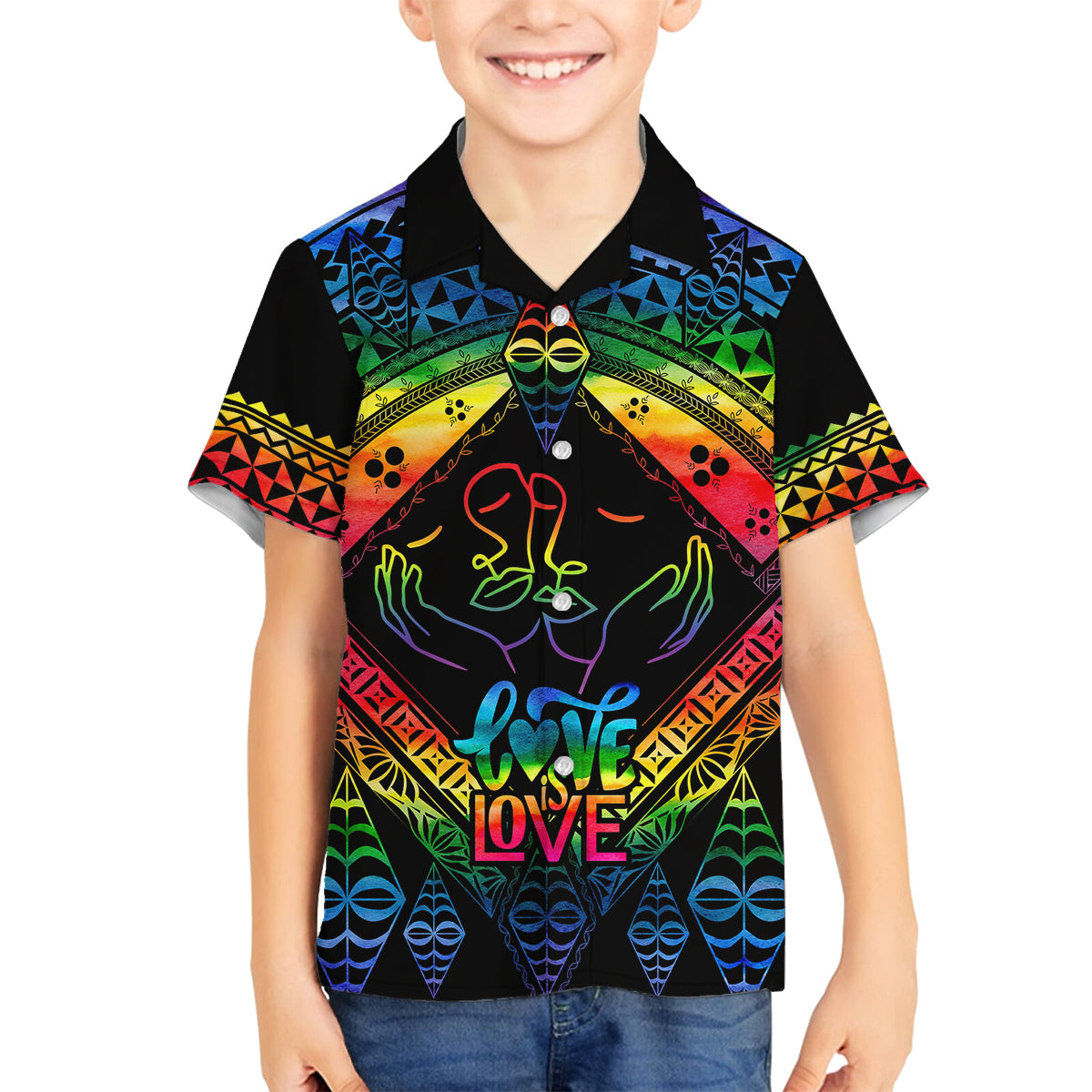 Tonga LGBT Family Matching Tank Maxi Dress and Hawaiian Shirt Love Is Love Ngatu Rainbow Water Color LT9 Son's Shirt Black - Polynesian Pride