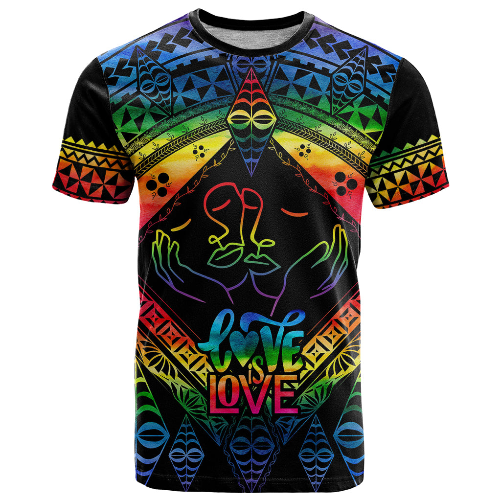 Tonga LGBT T Shirt Love Is Love Ngatu Rainbow Water Color LT9 Black - Polynesian Pride