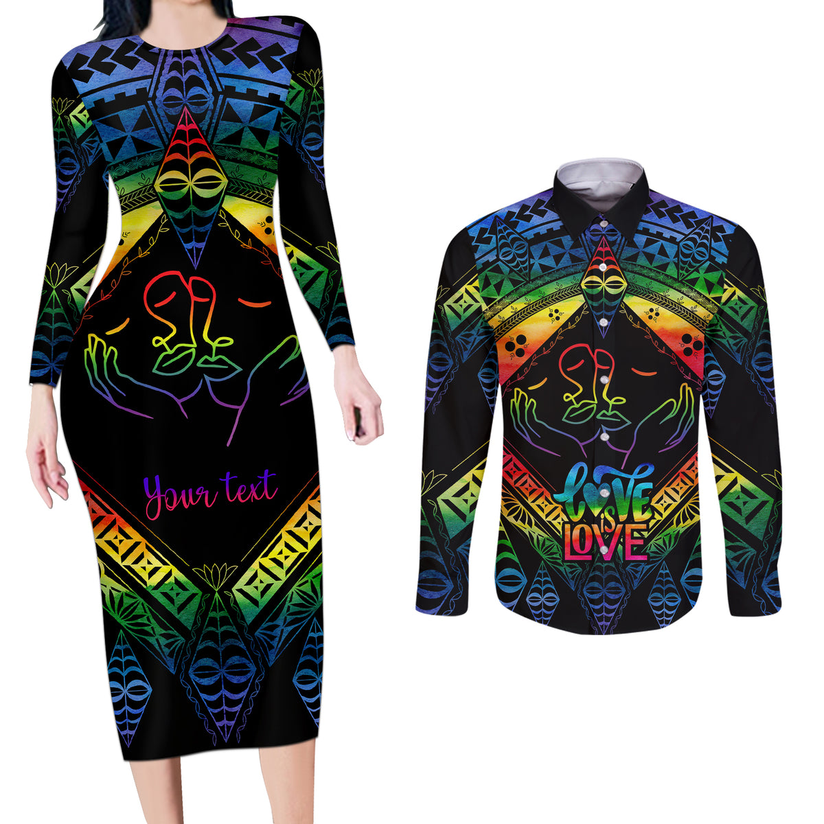 personalised-tonga-lgbt-couples-matching-long-sleeve-bodycon-dress-and-long-sleeve-button-shirts-love-is-love-ngatu-rainbow-water-color