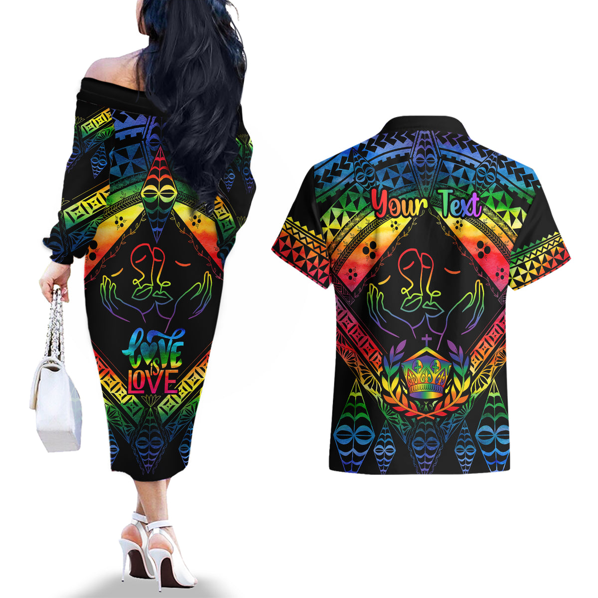 personalised-tonga-lgbt-couples-matching-off-the-shoulder-long-sleeve-dress-and-hawaiian-shirt-love-is-love-ngatu-rainbow-water-color