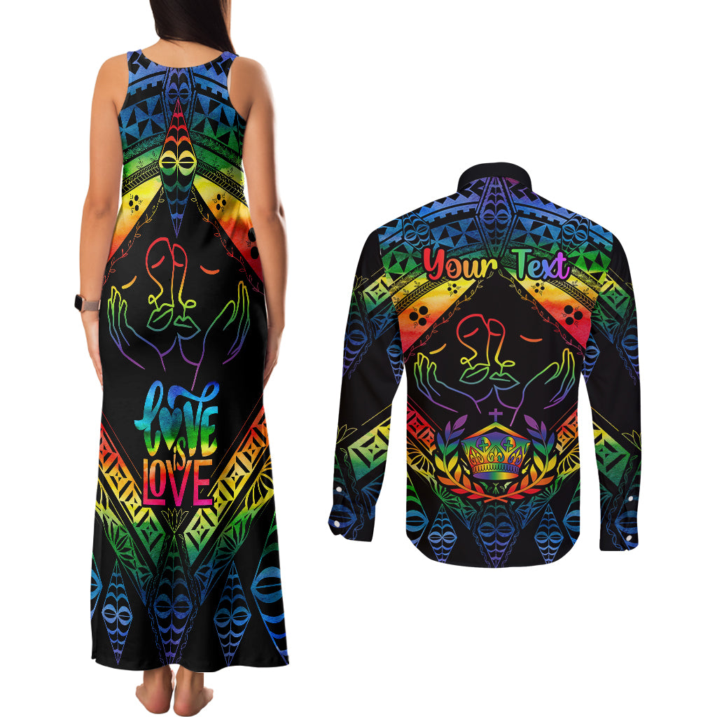 personalised-tonga-lgbt-couples-matching-tank-maxi-dress-and-long-sleeve-button-shirts-love-is-love-ngatu-rainbow-water-color