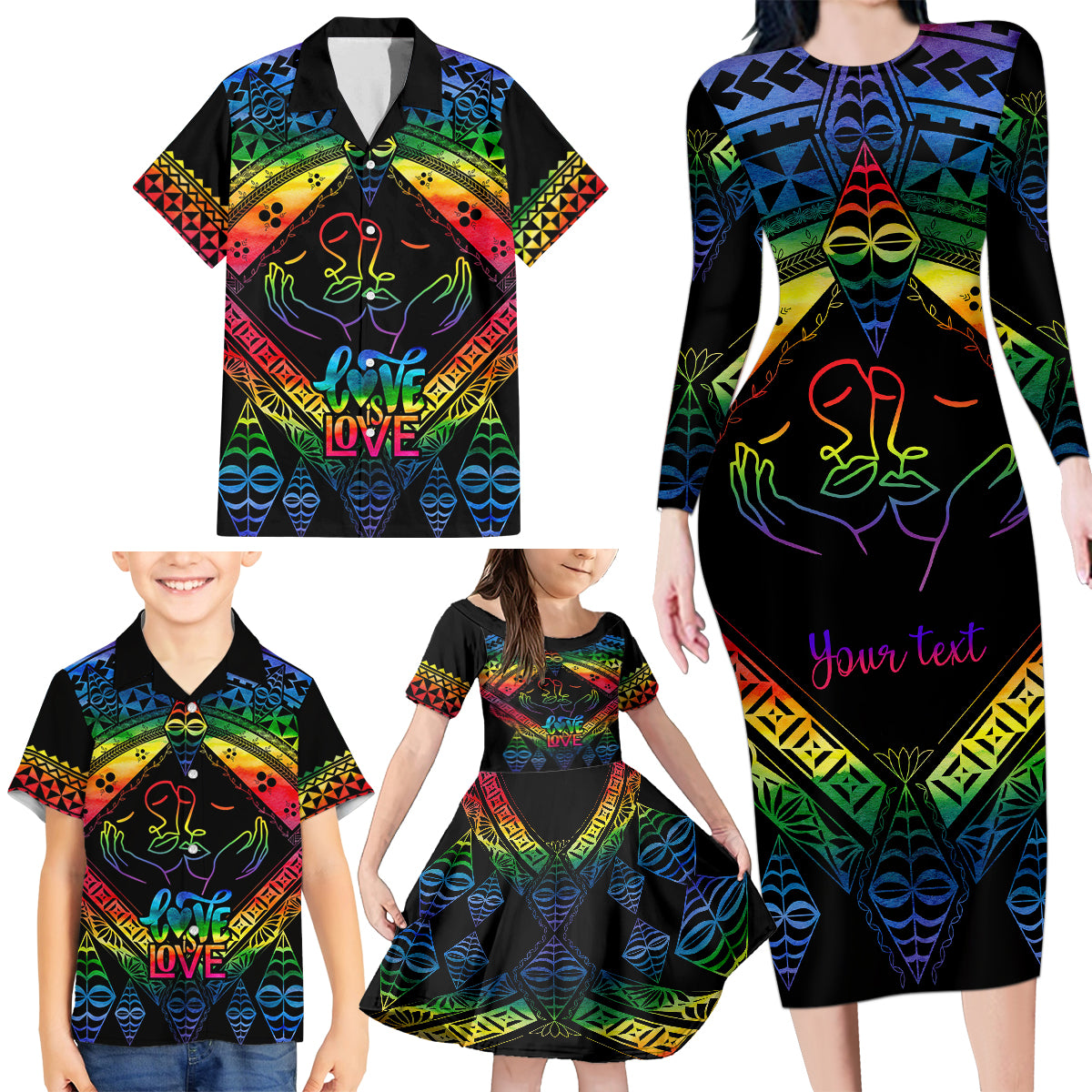 Personalised Tonga LGBT Family Matching Long Sleeve Bodycon Dress and Hawaiian Shirt Love Is Love Ngatu Rainbow Water Color LT9 - Polynesian Pride