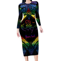 Personalised Tonga LGBT Family Matching Long Sleeve Bodycon Dress and Hawaiian Shirt Love Is Love Ngatu Rainbow Water Color LT9 Mom's Dress Black - Polynesian Pride