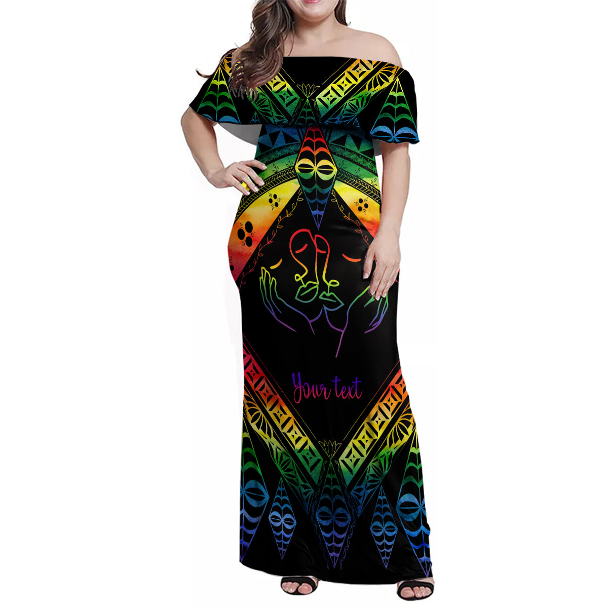 Personalised Tonga LGBT Family Matching Off Shoulder Maxi Dress and Hawaiian Shirt Love Is Love Ngatu Rainbow Water Color LT9 Dad's Shirt - Long Sleeve Black - Polynesian Pride