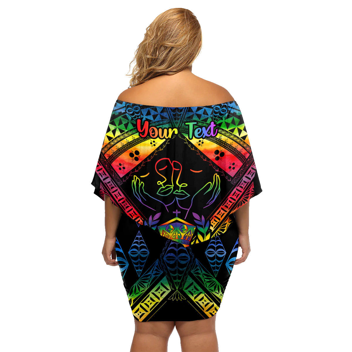 Personalised Tonga LGBT Family Matching Off Shoulder Short Dress and Hawaiian Shirt Love Is Love Ngatu Rainbow Water Color LT9 - Polynesian Pride