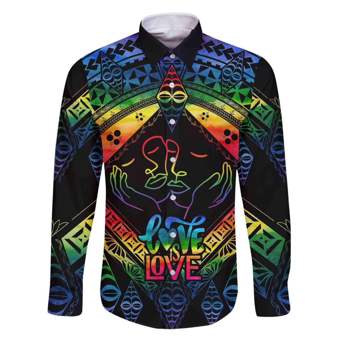Personalised Tonga LGBT Family Matching Puletasi Dress and Hawaiian Shirt Love Is Love Ngatu Rainbow Water Color LT9 Dad's Shirt - Long Sleeve Black - Polynesian Pride