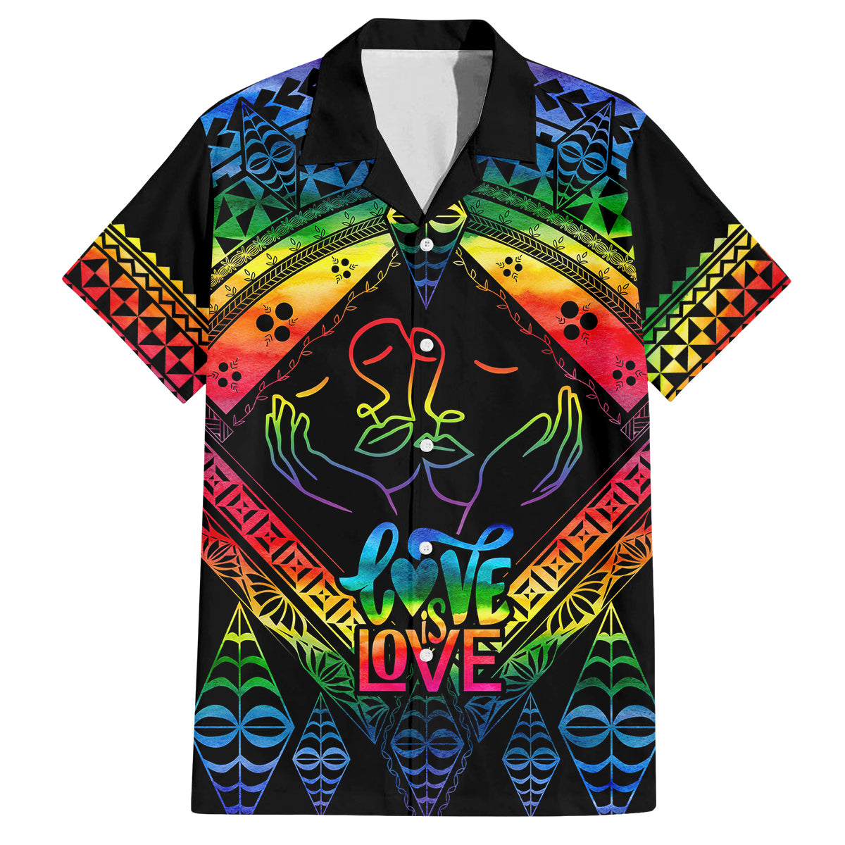 Personalised Tonga LGBT Family Matching Summer Maxi Dress and Hawaiian Shirt Love Is Love Ngatu Rainbow Water Color LT9 Dad's Shirt - Short Sleeve Black - Polynesian Pride
