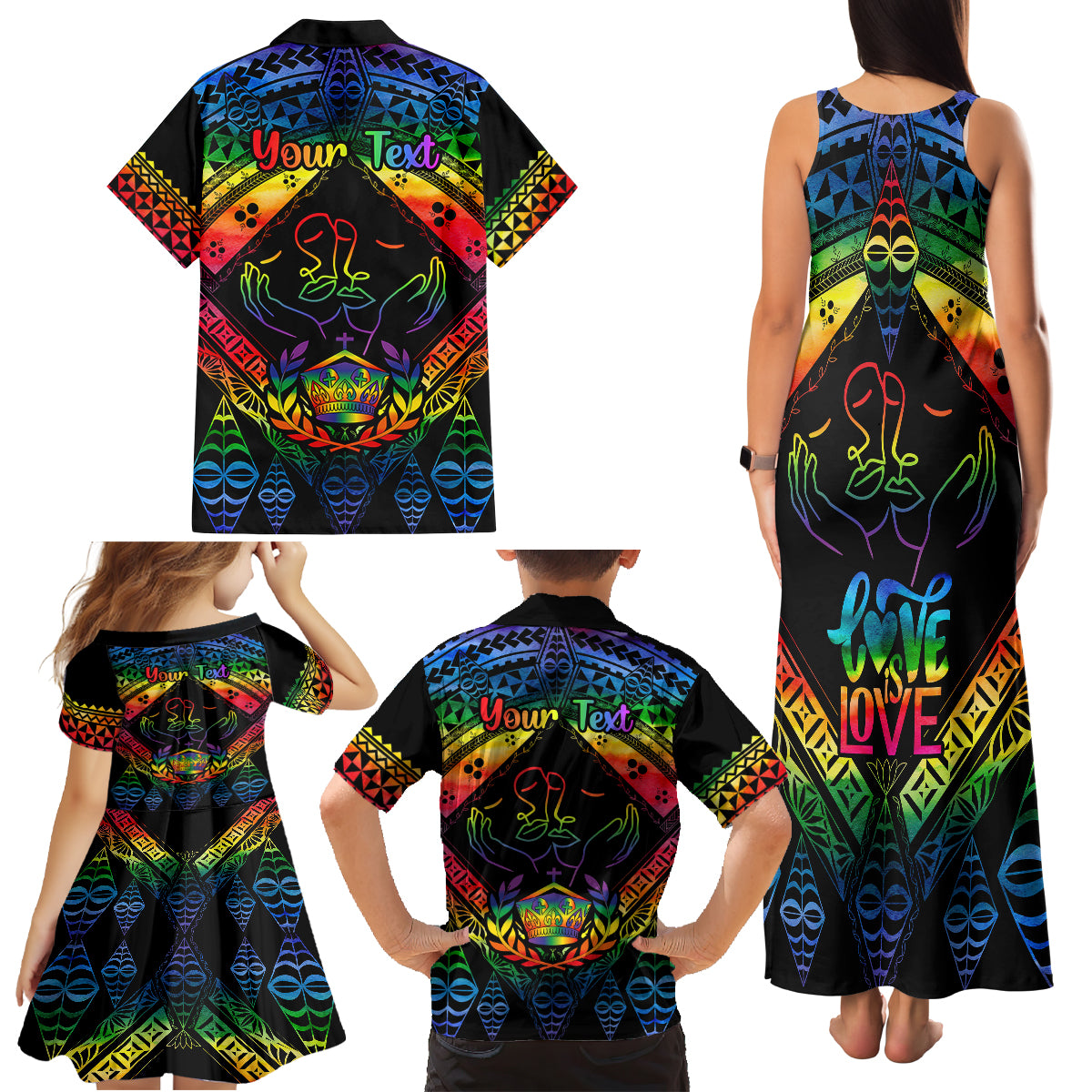 Personalised Tonga LGBT Family Matching Tank Maxi Dress and Hawaiian Shirt Love Is Love Ngatu Rainbow Water Color LT9 - Polynesian Pride
