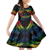 Personalised Tonga LGBT Kid Short Sleeve Dress Love Is Love Ngatu Rainbow Water Color LT9 KID Black - Polynesian Pride