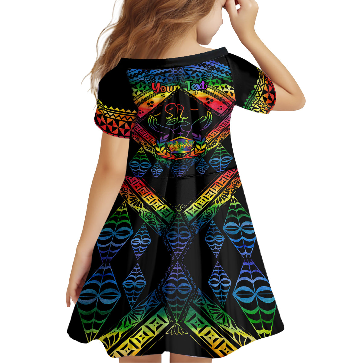 Personalised Tonga LGBT Kid Short Sleeve Dress Love Is Love Ngatu Rainbow Water Color LT9 - Polynesian Pride