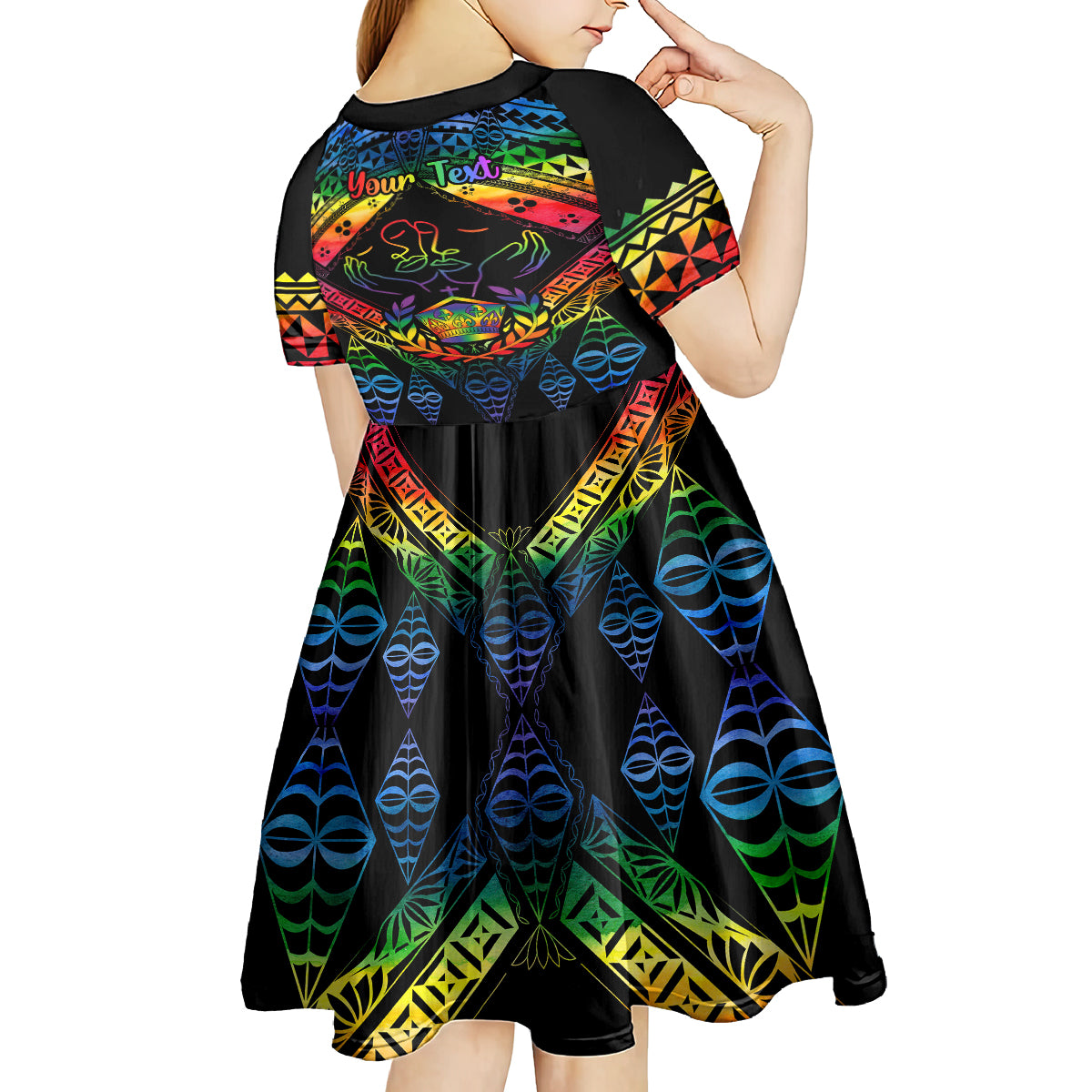 Personalised Tonga LGBT Kid Short Sleeve Dress Love Is Love Ngatu Rainbow Water Color LT9 - Polynesian Pride