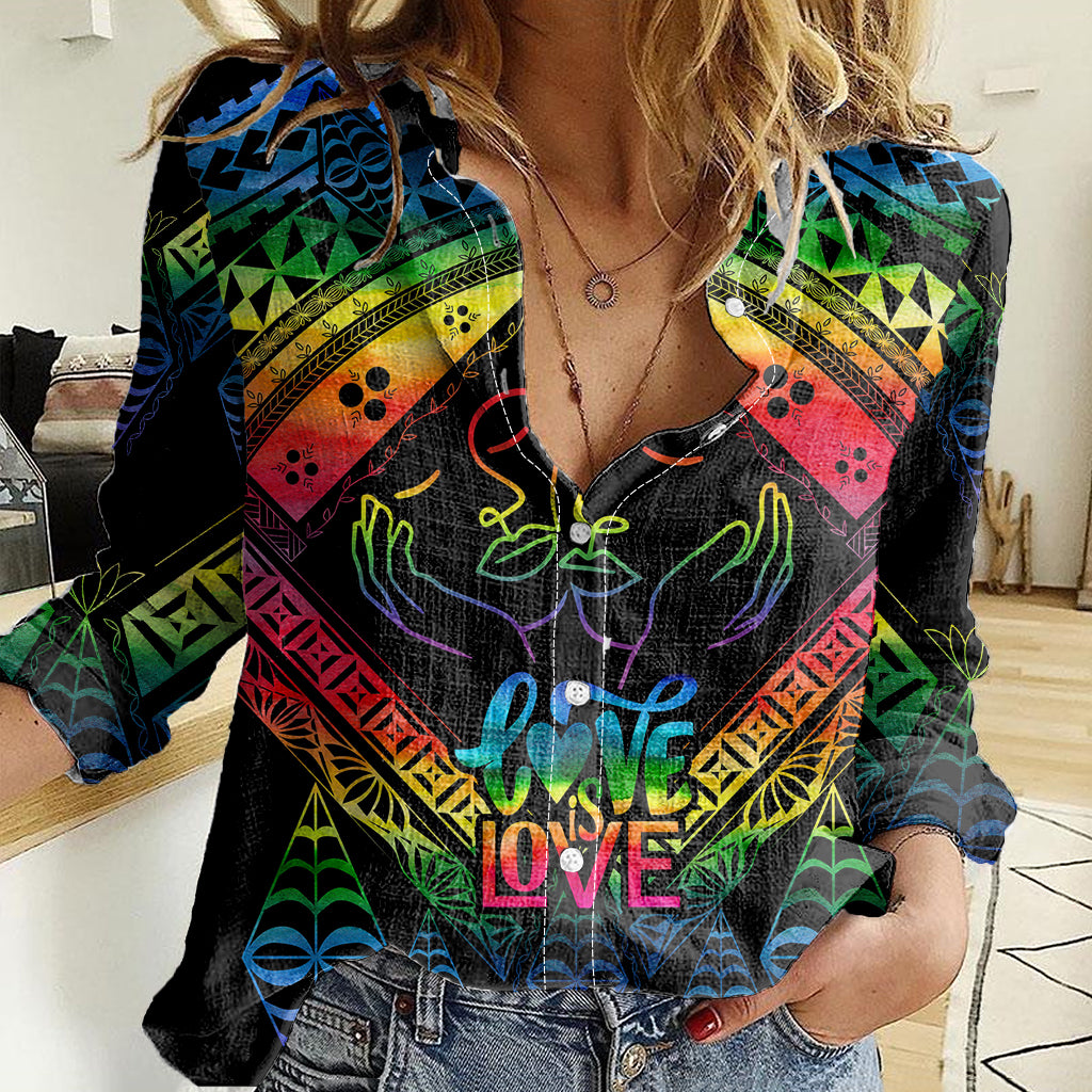 personalised-tonga-lgbt-women-casual-shirt-love-is-love-ngatu-rainbow-water-color