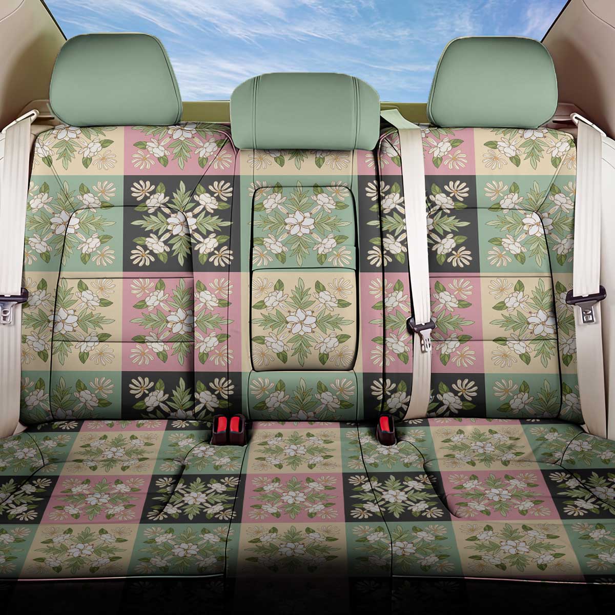 Seamless Pattern Maile and Pikake Lei Back Car Seat Cover Squares Maile Leaf - Polynesian Pride