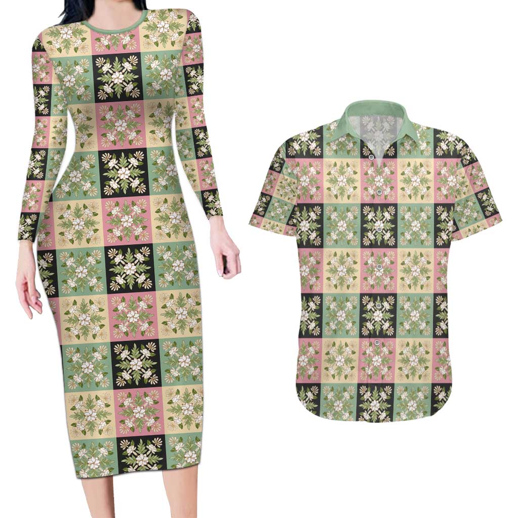 Seamless Pattern Maile and Pikake Lei Couples Matching Long Sleeve Bodycon Dress and Hawaiian Shirt Squares Maile Leaf - Polynesian Pride
