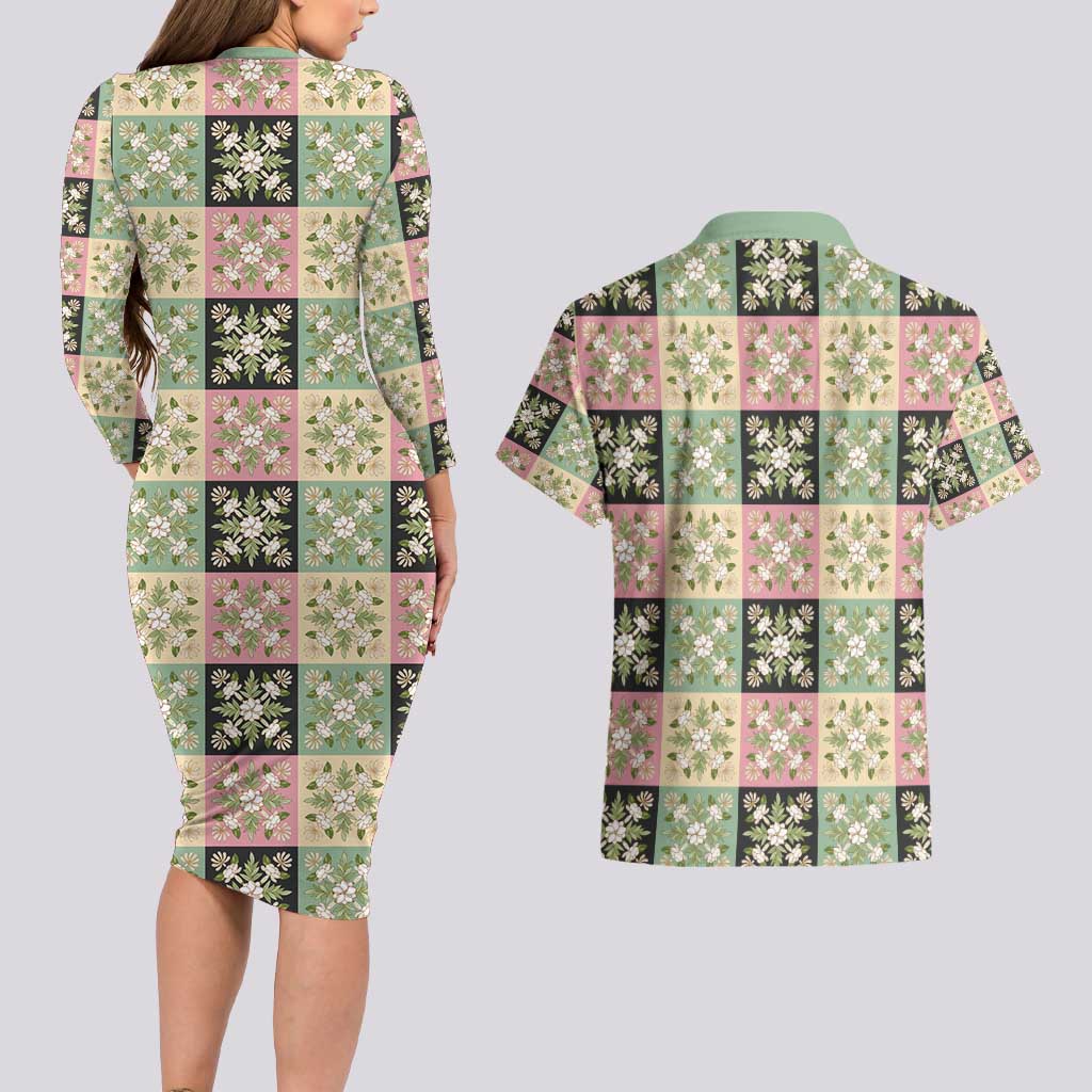 Seamless Pattern Maile and Pikake Lei Couples Matching Long Sleeve Bodycon Dress and Hawaiian Shirt Squares Maile Leaf - Polynesian Pride