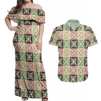 Seamless Pattern Maile and Pikake Lei Couples Matching Off Shoulder Maxi Dress and Hawaiian Shirt Squares Maile Leaf - Polynesian Pride