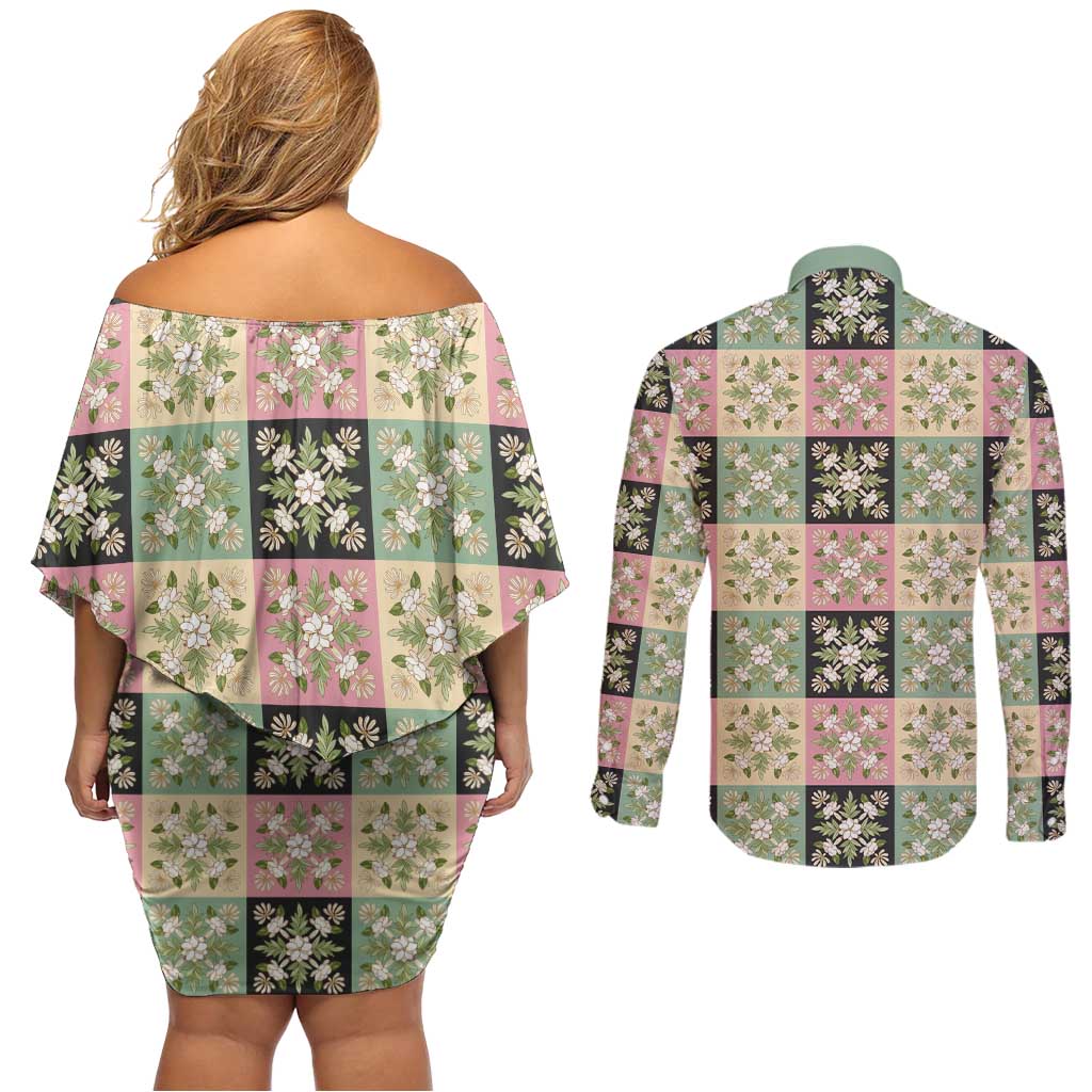Seamless Pattern Maile and Pikake Lei Couples Matching Off Shoulder Short Dress and Long Sleeve Button Shirt Squares Maile Leaf - Polynesian Pride