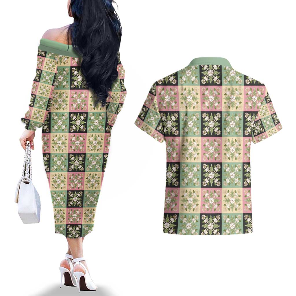 Seamless Pattern Maile and Pikake Lei Couples Matching Off The Shoulder Long Sleeve Dress and Hawaiian Shirt Squares Maile Leaf - Polynesian Pride