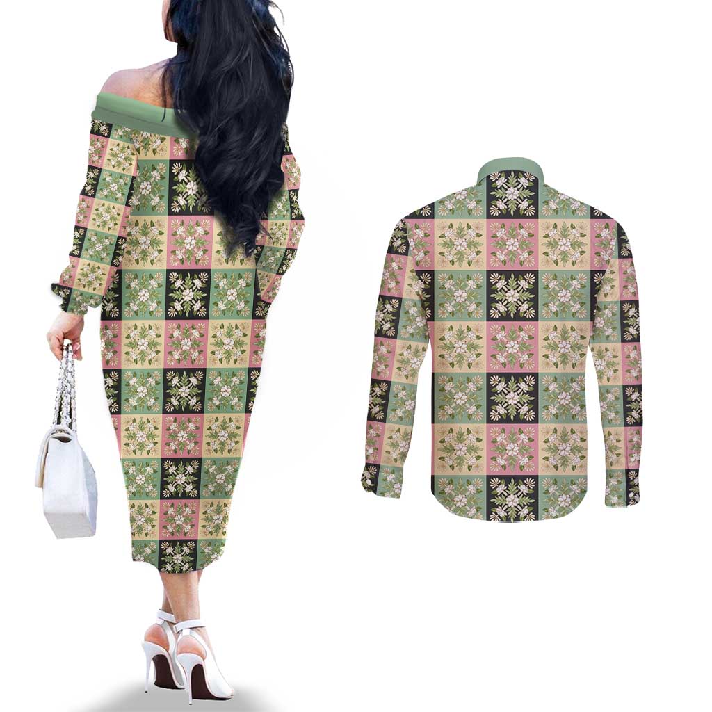 Seamless Pattern Maile and Pikake Lei Couples Matching Off The Shoulder Long Sleeve Dress and Long Sleeve Button Shirt Squares Maile Leaf - Polynesian Pride