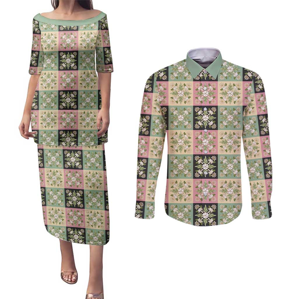 Seamless Pattern Maile and Pikake Lei Couples Matching Puletasi and Long Sleeve Button Shirt Squares Maile Leaf - Polynesian Pride