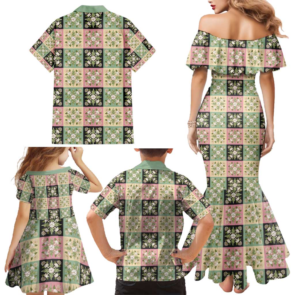 Seamless Pattern Maile and Pikake Lei Family Matching Mermaid Dress and Hawaiian Shirt Squares Maile Leaf - Polynesian Pride