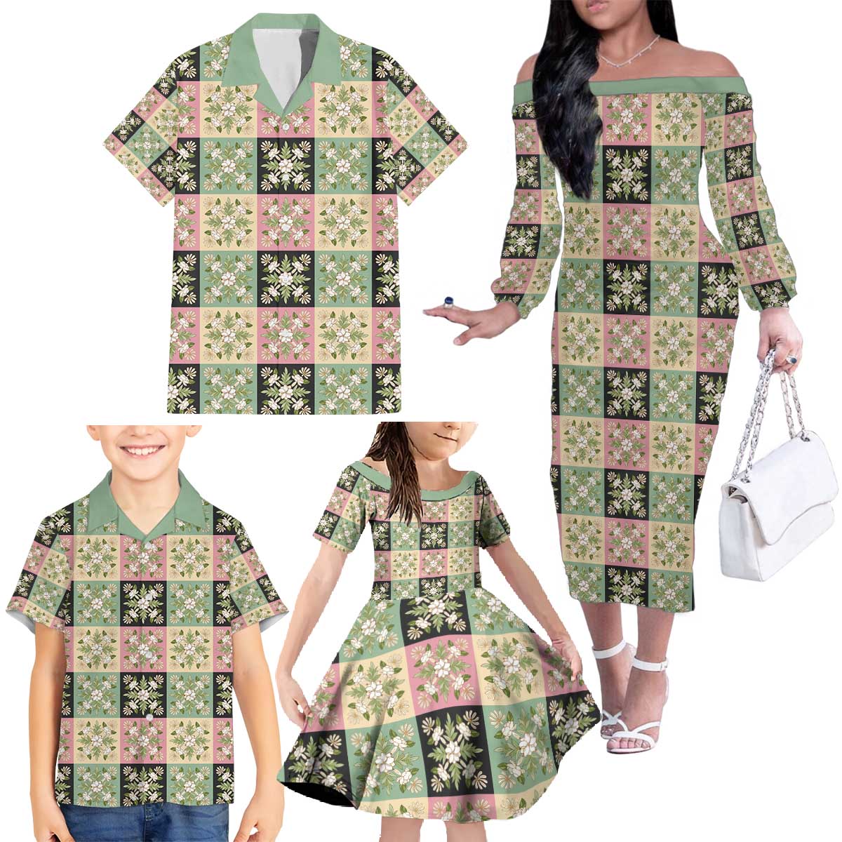 Seamless Pattern Maile and Pikake Lei Family Matching Off The Shoulder Long Sleeve Dress and Hawaiian Shirt Squares Maile Leaf - Polynesian Pride
