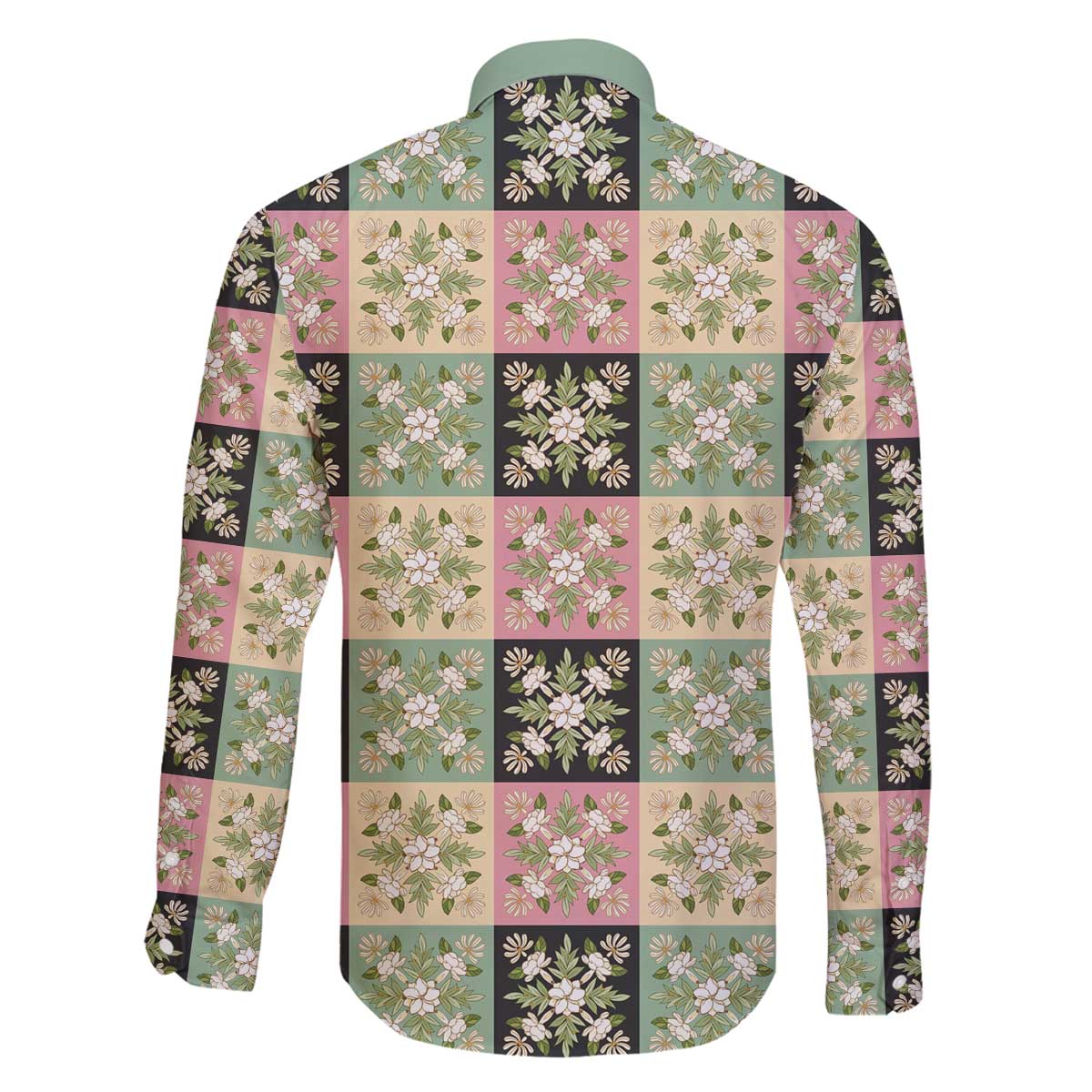 Seamless Pattern Maile and Pikake Lei Family Matching Off The Shoulder Long Sleeve Dress and Hawaiian Shirt Squares Maile Leaf - Polynesian Pride