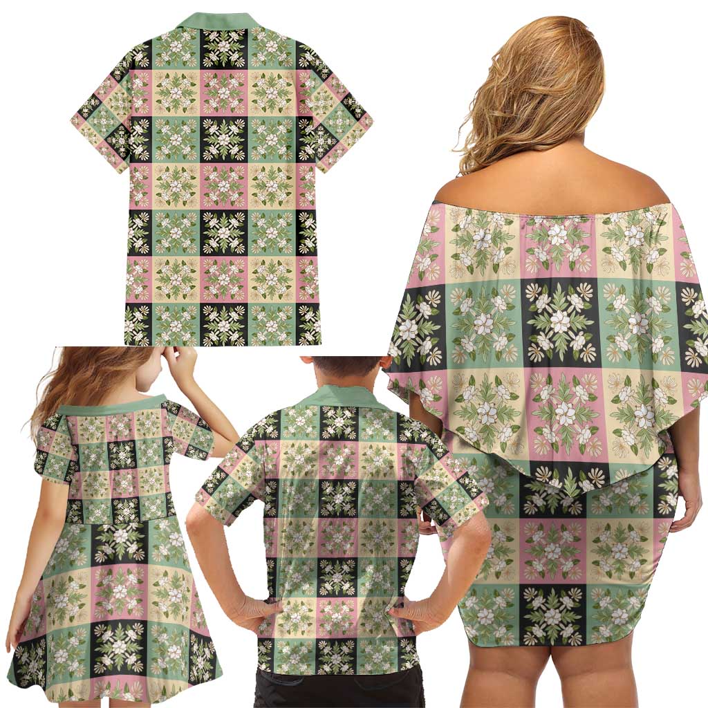 Seamless Pattern Maile and Pikake Lei Family Matching Off Shoulder Short Dress and Hawaiian Shirt Squares Maile Leaf - Polynesian Pride