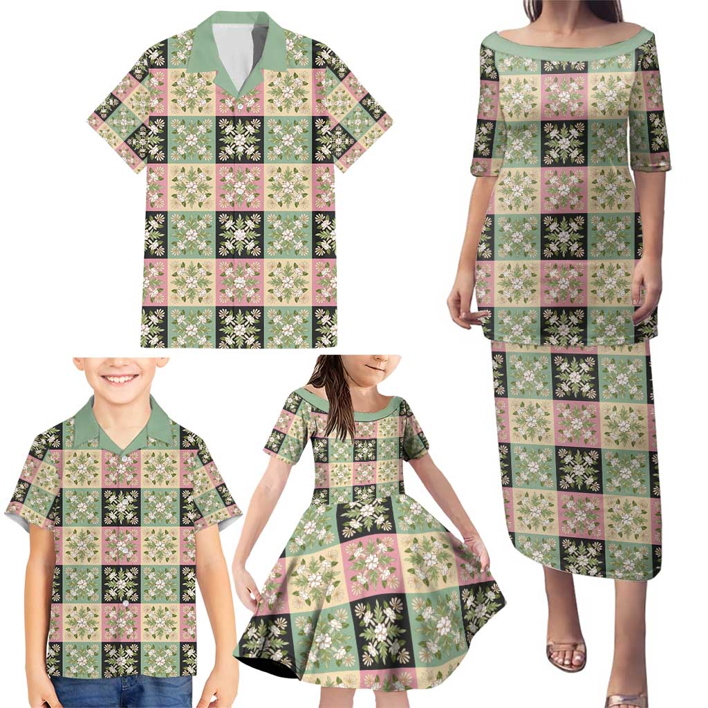 Seamless Pattern Maile and Pikake Lei Family Matching Puletasi and Hawaiian Shirt Squares Maile Leaf - Polynesian Pride