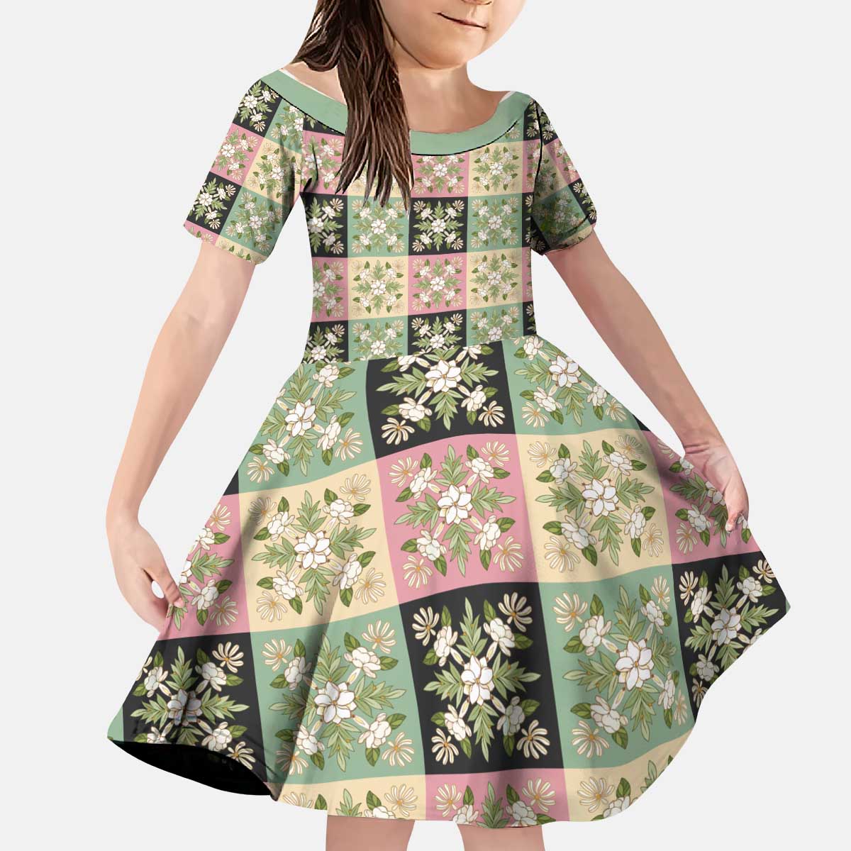 Seamless Pattern Maile and Pikake Lei Kid Short Sleeve Dress Squares Maile Leaf LT9 KID Green - Polynesian Pride