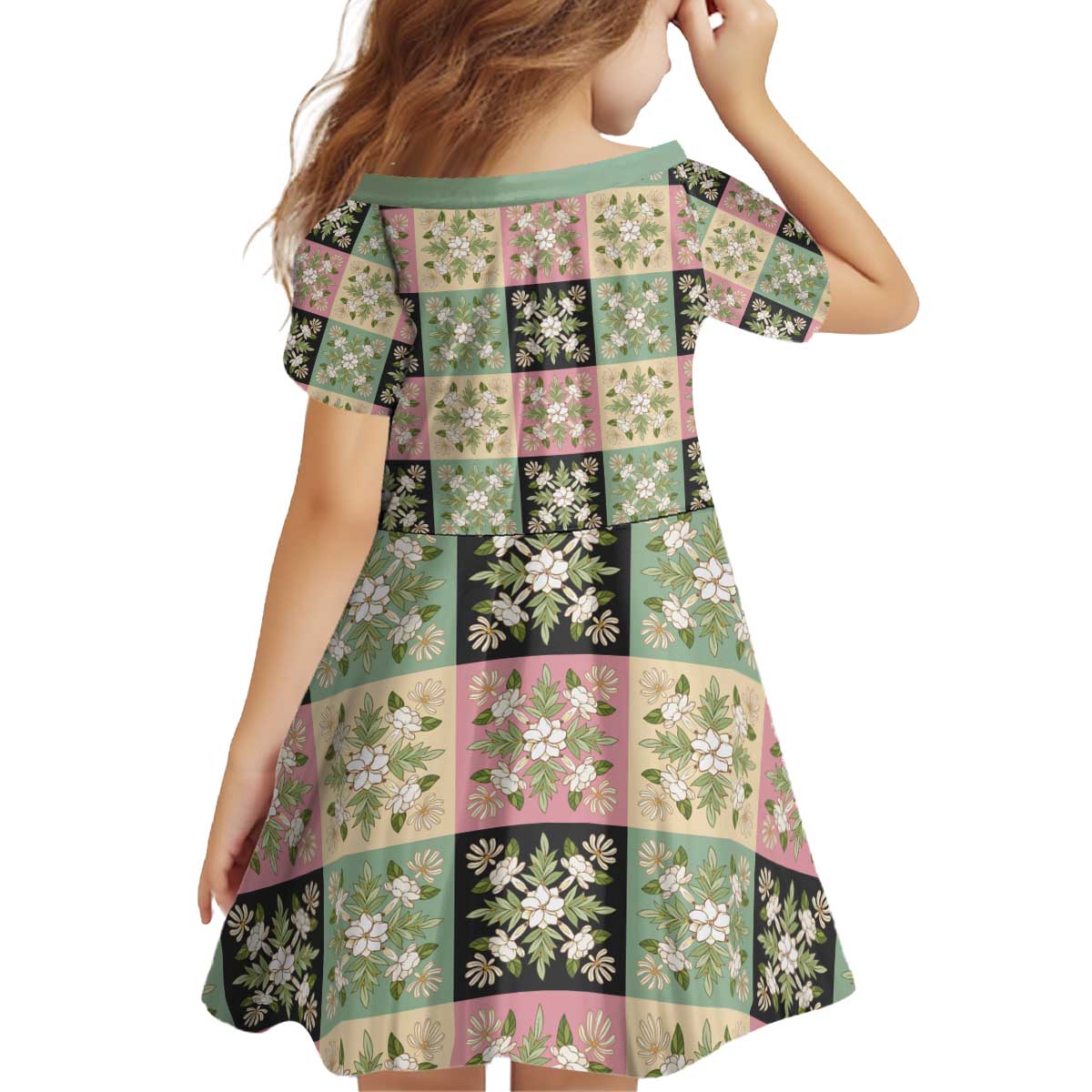 Seamless Pattern Maile and Pikake Lei Kid Short Sleeve Dress Squares Maile Leaf LT9 - Polynesian Pride