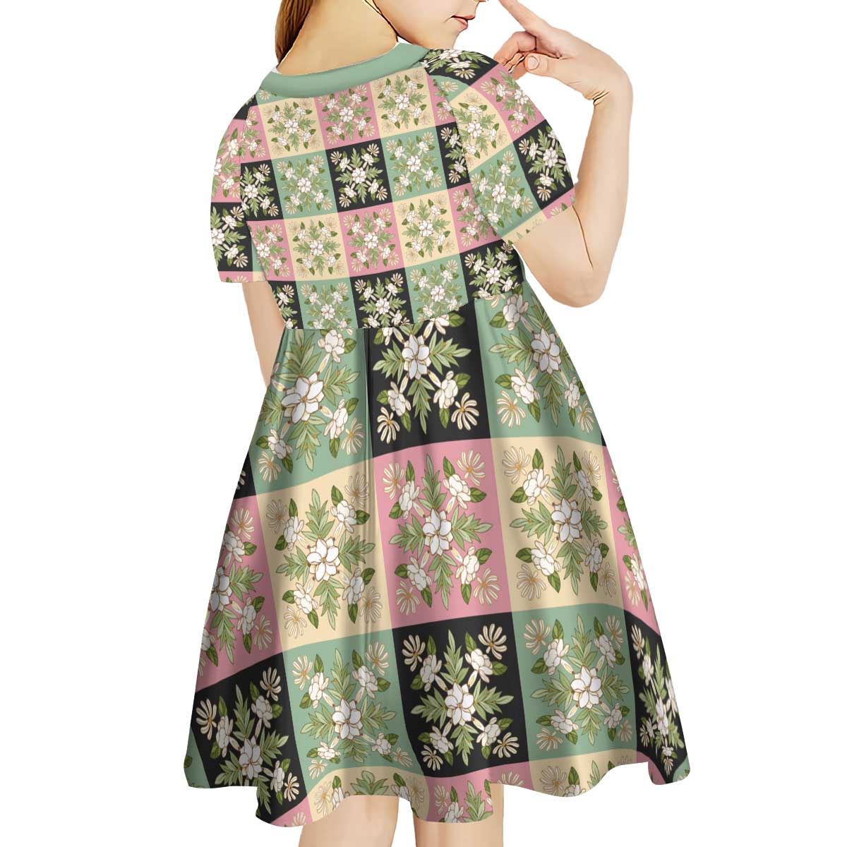 Seamless Pattern Maile and Pikake Lei Kid Short Sleeve Dress Squares Maile Leaf LT9 - Polynesian Pride