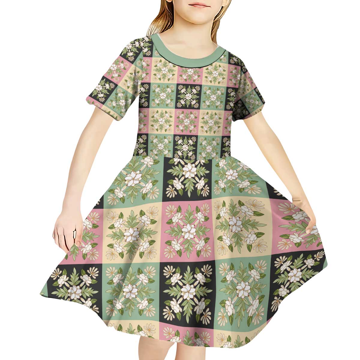 Seamless Pattern Maile and Pikake Lei Kid Short Sleeve Dress Squares Maile Leaf LT9 - Polynesian Pride