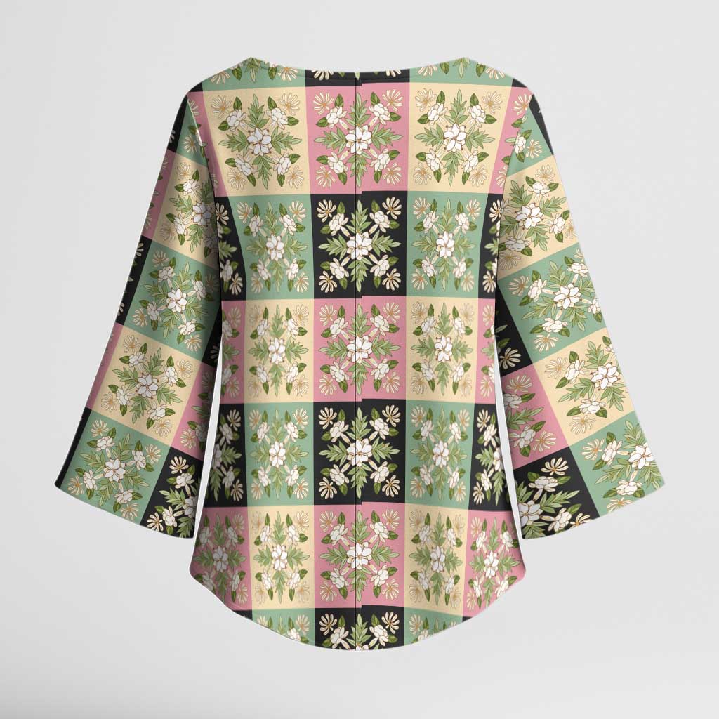 Seamless Pattern Maile and Pikake Lei Kimono Sleeve Blouse Squares Maile Leaf - Polynesian Pride