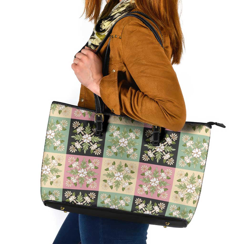Seamless Pattern Maile and Pikake Lei Leather Tote Bag Squares Maile Leaf - Polynesian Pride